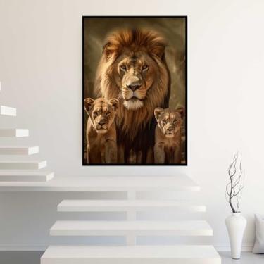 Imagem de Quadro com Moldura Leão 2 Filhotes Decorativo Grande Sala Quarto Hall