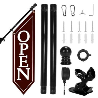 Imagem de Kit de bandeira aberta com mastro - Banner aberto de lona resistente para loja comercial, placa dupla face externa de 106 x 30 cm com suporte - Sinalização publicitária para varejo e lojas (café)