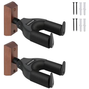 Imagem de EASTROCK Suporte de parede para guitarra, pacote com 2 travas, cabide de madeira para guitarra, trava automática, suporte giratório ajustável para guitarra acústica, baixo, bandolim, banjo, preto