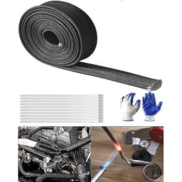 Imagem de Capa protetora térmica com fio de ignição – 2,5 cm ID x 10 pés 1,371 °C de fibra de vidro com 10 peças de abraçadeiras de aço inoxidável de 10 peças para carro e automóvel, cabo de freio de tear de