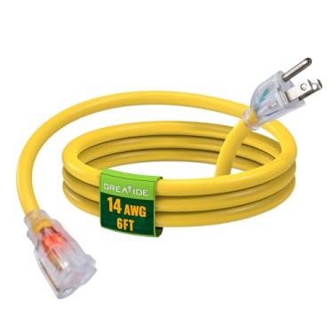 Imagem de GREATIDE Cabo de extensão externo iluminado de 1,8 m 14/3 – Cabo de extensão amarelo resistente SJTW calibre 14 com plugue aterrado de 3 pinos, ótimo para gramado, jardim, eletrodomésticos