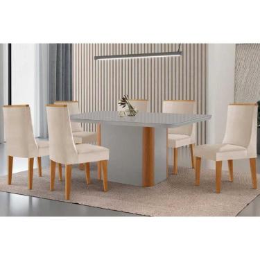 Imagem de Conjunto Sala de Jantar Pietá c/ Tampo Madeirado c/ Vidro Canto Curvo 180x90cm e 6 Cadeiras Dakota Madeira Maciça Naturale/Off White - Capuccino/Suede