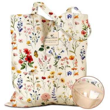 Imagem de Miss Adola Sacola estética feminina – Sacolas reutilizáveis com bolso e fivela magnética, design fofo, bolsa de ombro feminina de tecido de algodão para compras, supermercado, trabalho diário, flores