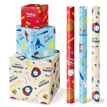 Imagem de Papel de embrulho WERNNSAI Baseball 3 Rolls 43 cm x 3 m Boy Birthday