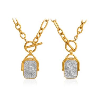Imagem de UniLogue Colar de corrente grossa com pingente de fivela quadrada de ouro 18 K galvanizado em aço titânio 18 K estilo retrô exclusivo ouro e prata sol e lua, Medium, Aço de titânio, Sem Pedra Preciosa