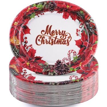 Imagem de durony Pacote com 72 pratos ovais de papel natalino, 25,4 x 30,5 cm, grandes pratos de poinsétia, prato descartável, feliz Natal, com búfalo, xadrez, amora, para decoração de mesa