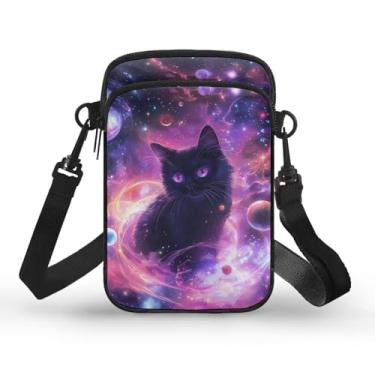 Imagem de WELLFLYHOM Mini bolsa transversal carteira de telefone feminina bolsa mensageiro de lona, Galáxia de gato, One Size