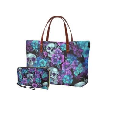 Imagem de Sannovo Conjunto de bolsa feminina grande, bolsa de ombro, 2 peças, alça superior com conjunto de carteira de couro sintético, Floral crânio roxo