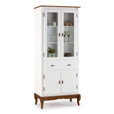 Imagem de Cristaleira 4 Portas 2 Prateleiras 1 Gaveta e Pés Luiz XV 60308 Linz Móveis - Branco/Imbuia Glazer