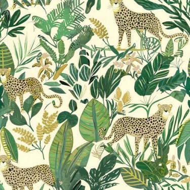 Imagem de XRUIBZI Papel de parede leopardo papel de parede de animais da selva folha amarela papel de contato tropical para armário à prova d'água papel de parede rosa autoadesivo para cozinha parede de bancada