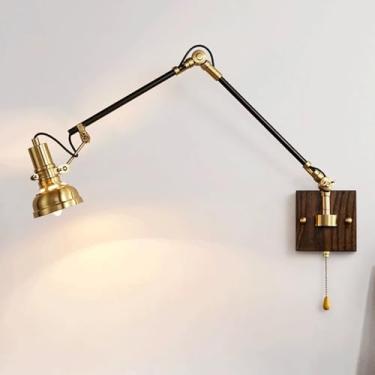 Imagem de Luminária de parede com braço oscilante retrô, luminária de leitura giratória de 180° em latão, luminária de leitura flexível de madeira maciça de cabeceira E27, luminária de parede ajustáve