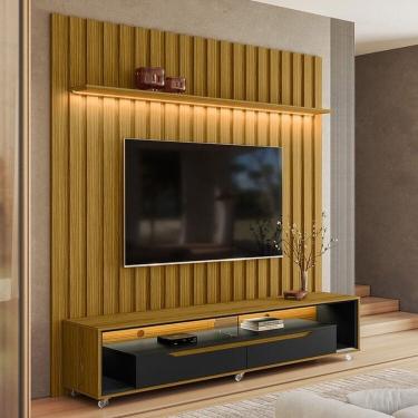 Imagem de Painel Ripado com Led London 177cm e Rack Loop com Rodízios Tv 70 Polegadas Cedro/Freijó/Preto