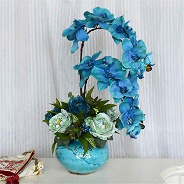 Imagem de DCYEQRQ Plantas artificiais de orquídea – Bonsai Phalaenopsis azul artificial com vaso de cerâmica para decoração de mesa, escritório, casa, festa, G (K médio)
