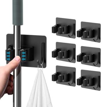 Imagem de homeasy Suporte de vassoura de esfregão sem broca, organizador de vassouras de esfregão montado na parede, resistente, com ganchos, 6 peças de aço inoxidável autoadesivo para banheiro, cozinha