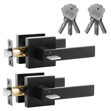 Imagem de Maçanetas pretas foscas, interiores, modernas, quadradas, exteriores, maçanetas reversíveis, com privacidade, maçaneta de porta de entrada, resistente, com 3 chaves de bloqueio para porta da frente
