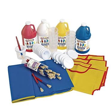 Imagem de Kit de tinta têmpera infantil, 4 cores de tinta têmpera, bata, pincéis, copos de tinta e tapete bagunçado, conjunto de pintura para iniciantes, básico de pintura, ensino doméstico, conjunto de pintura