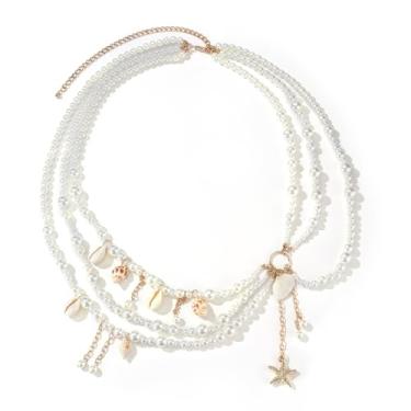 Imagem de GANDC Corrente de pérola para mulheres, joia de cintura em camadas com design de estrela do mar concha de sereia, 75 cm, cor pérola, 29.5, Pérola sintética, Sem Pedra Preciosa