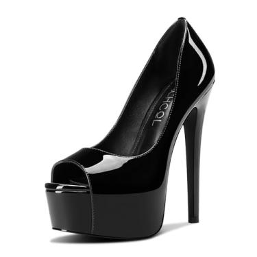 Imagem de Aachcol Sapatos femininos de salto alto plataforma Peep Toe salto alto sem cadarço de couro envernizado de 15 cm, Preto, 40