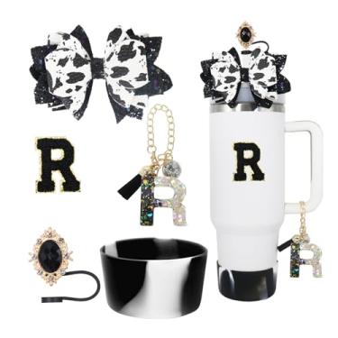 Imagem de RENUIS Conjunto de 5 peças de acessórios para copo Stanley de 30 e 1,134 g com alça, incluindo topo de palha, bota de silicone com glitter, decoração de arco de palha, pingente de letra de