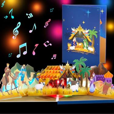 Imagem de Cartão de Natal musical pop-up 3D com música e luzes LED – Cartão religioso de Natal comemorando o nascimento de Jesus – Cartão de Natal para família, amigos e entes queridos