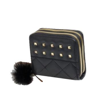 Imagem de Bolsa de cartão quadrada de couro sintético macio carteira feminina clutch bola de pelúcia macia simples bolsa feminina longa bolsa externa (preta curta)