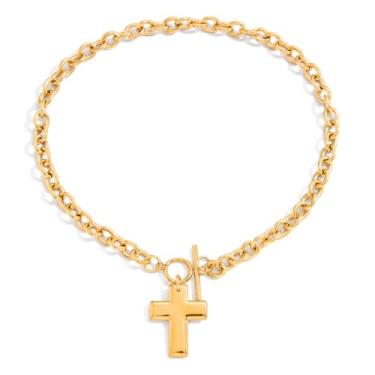 Imagem de Izpack Colar gargantilha feminina com cruz de fé - aço inoxidável banhado a ouro 14 K, simples, moderno, grosso, com pingente de cruz, colar de corrente moderna, batismo, joia religiosa para oração