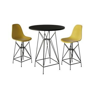 Imagem de Jogo Mesa Bistrô Eames Preta 60Cm 2 Banquetas Amarela Base Ferro Preto - Cor: Preto