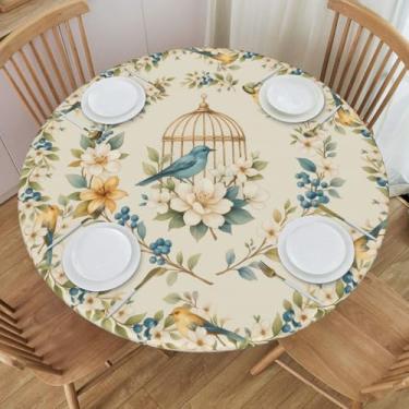 Imagem de KiuLoam Toalha de mesa redonda rústica vintage floral e pássaros, capa de mesa de fazenda com borda elástica, toalha de mesa lavável para decoração de cozinha e exterior, serve para 114 a 127 cm