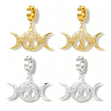 Imagem de OATHYAN 2 pares de brincos de aço inoxidável banhados a ouro 18 quilates com pingente de argola de aço de titânio com nó celta, brincos não perfurados para mulheres, One size, Aço inoxidável Aço