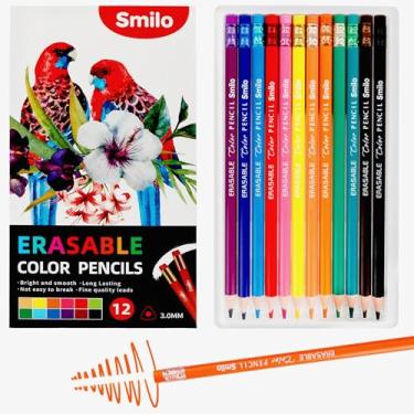 Imagem de Smilo 12 lápis de cor apagáveis com borrachas – cores vibrantes e suaves para desenhar, livros de colorir, projetos de arte escolar – Materiais de arte premium para crianças, adultos e artesanato DIY