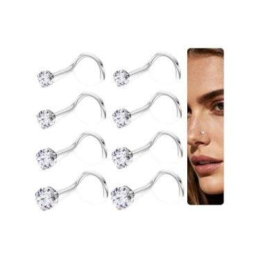 Imagem de Conjunto de anéis de nariz hipoalergênicos banhados a ouro 14K para mulheres e homens: anéis de nariz clicker de aço inoxidável 316L, delicado CZ em forma de L/saca-rolhas/reto/transparentes, joias de
