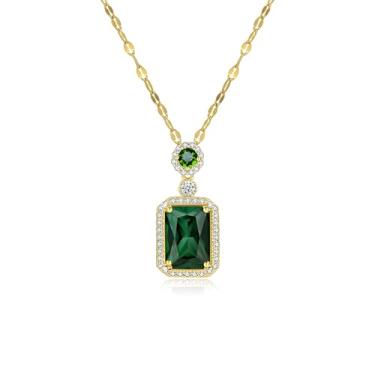 Imagem de Naturepernulo Colar quadrado de esmeralda para mulheres, banhado a ouro 14 K, pingente de zircônia cúbica, colar de cristal verde para mãe e esposa, Moderate type, Metal, Sem Pedra Preciosa