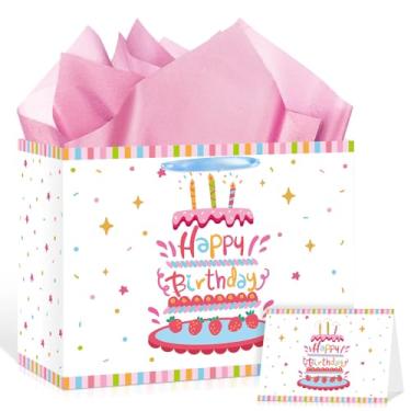 Imagem de Sacos de presente rosa de feliz aniversário para meninas e mulheres com papel de embrulho e cartão comemorativo rosa design de bolo de aniversário sacos de lembrancinha de festa para chá de bebê