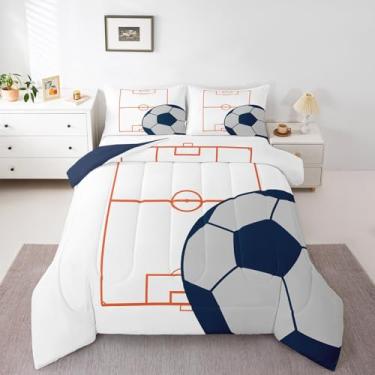 Imagem de Erosebridal Jogo de cama casal de futebol americano, para meninos e meninas, adolescentes, com tema esportivo, laranja, branco, campo de futebol, edredom para decoração de quarto com 2 fronhas