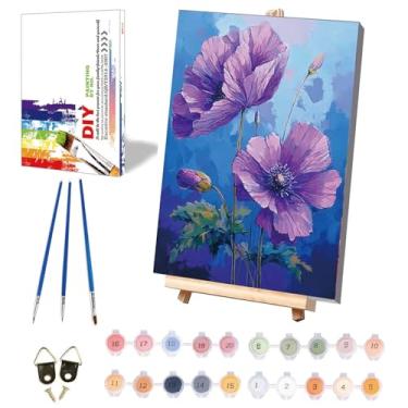 Imagem de Pintura fácil de flores por números para adultos com tela emoldurada - com cavalete de madeira, pintura de flores por número para iniciantes, pintura a óleo acrílica DIY em tela com pincéis para