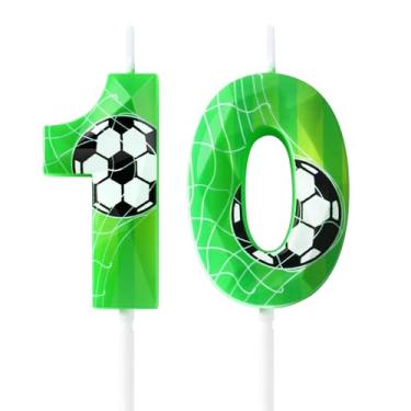 Imagem de Velas de aniversário de futebol 10º bolo de futebol, decorações de festa de aniversário, velas de bolo de aniversário de futebol para meninos e meninas, velas numerais em formato de diamante 3D