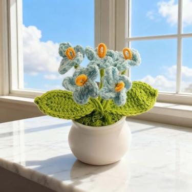 Imagem de Flores de crochê, lindas flores em vaso, acessórios de mesa de flores falsas, decoração de mesa, decoração de escritório em casa (azul)