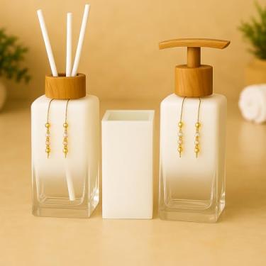 Imagem de Kit Lavabo Banheiro Luxo Square com Difusor, Sabonete Líquido e Porta Escova de Vidro(Branco Degrade C/Amadeirado)