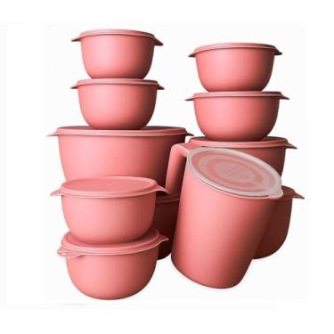 Imagem de Kit 10 Bowl Potes + Jarra 1,8L Cozinha Saladeira Pote Marmitas Plástico (Rosa)