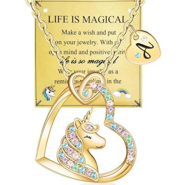 Imagem de Afcrho Colar de unicórnio, presente, pingente de coração colorido, colar de unicórnio, joias, presente de aniversário, unicórnios, presente com inicial de coração, unicórnios, joias