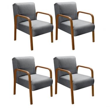 Imagem de Kit 4 Poltronas Anita Moderna Decorativa Braço Madeira Linho Cinza 320
