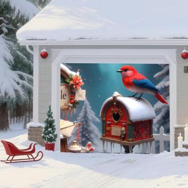 Imagem de TTCHANG Faixa de Natal para porta de garagem – Cena de inverno do polo norte com pássaro vermelho, caixa de correio e decoração de neve, grande mural impermeável reutilizável para uso ao ar livre para