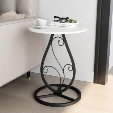 Imagem de Mesa lateral redonda boho, sala de estar, mesa de canto de mármore natural com base floral de metal minimalista, decoração moderna, mesa de cabeceira para sala de estar, quarto, sofá e varanda