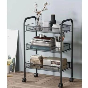 Imagem de Carrinho Organizador 3 Prateleiras com Rodinhas, Metal, Preto, 44x25.5x63cm, 1.6kg, para Cozinha e Despensa