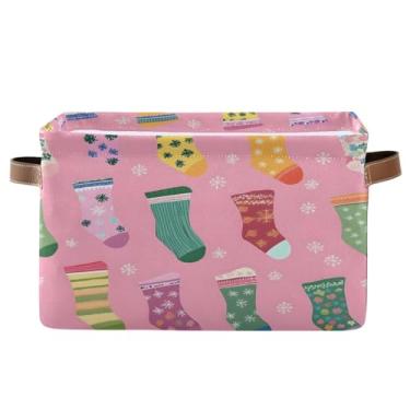 Imagem de STAYTOP Cesto de armazenamento grande com estampa de meias de Natal fofas e coloridas caixas de armazenamento dobráveis à prova d'água com alça, usado para armários domésticos, escritórios, quartos, 1