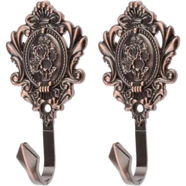 Imagem de 2 peças de ganchos de parede vermelho cobre rosa padrão esculpido vintage drapeado roupas gancho chave banheiro quarto gancho decorativo multifuncional com parafusos (bronze antigo)