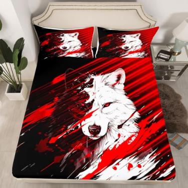 Imagem de jejeloiu Jogo de lençol solteiro com desenho de lobo preto e vermelho, lobo, animal e lobo, 2 peças, 1 lençol com elástico + 1 fronha (sem lençol de cima)