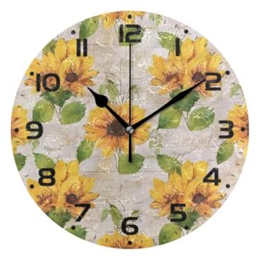 Imagem de JUZIHAI Relógio de parede amarelo vintage girassol silencioso, sem tique-taque, relógios de parede redondos operados por bateria, fácil de ler, relógio decorativo de parede para casa, cozinha, sala de