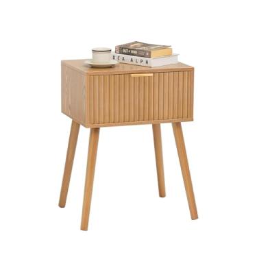 Imagem de Mesa de cabeceira canelada, mesa de cabeceira pequena com gaveta de armazenamento, mesa de canto de destaque para sala de estar para quarto e espaço pequeno, marrom