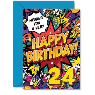 Imagem de Stuff4 Cartões de aniversário de 24 anos para homens e mulheres - Comic Book Pow! - Cartão de feliz aniversário para homem de 24 anos mulher irmão sobrinho tia amigo, cartões comemorativos A5